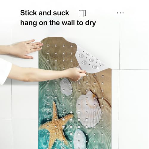 LNOND Summer Beach Bathtub Mat Non Slip, 40 X 16 Inch Tub Mat for Bathroom, Starfish Seashell Bath Tub Shower Mat with Drain Holes and Suction Cups - color: Beach Starfish Seashell