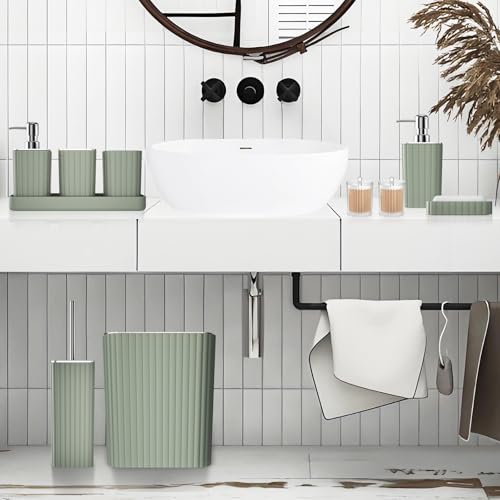 XLHOMO Bathroom Accessories Set - Gorgeous Sage Green Bathroom Set, 10PC Bathroom Accessory Set, Toilet Brush, Trash Can, Qtip Holder Dispenser & Soap Dispenser - size: Bath Set, style: Sage Green&Silver