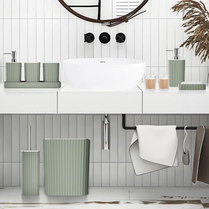 XLHOMO Bathroom Accessories Set - Gorgeous Sage Green Bathroom Set, 10PC Bathroom Accessory Set, Toilet Brush, Trash Can, Qtip Holder Dispenser & Soap Dispenser - size: Bath Set, style: Sage Green&Silver