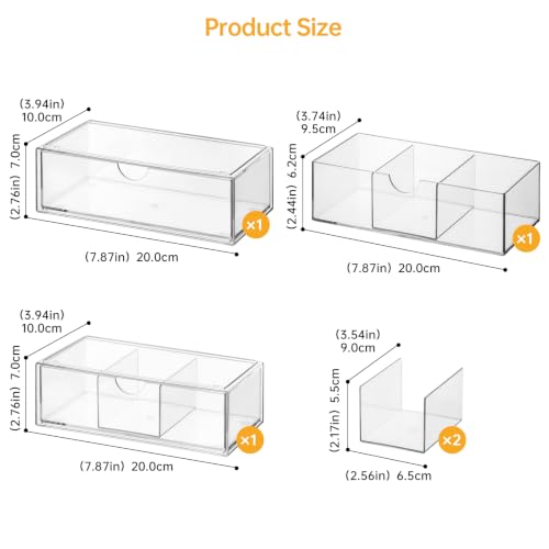 PAVSTINE Medicine Cabinet Organizer 3 Pack, Plastic Stackable Storage with 2 Drawers, Bathroom Mirror Cabinet Organizer with Removable Dividers for Wall Cabinet, Vanity, Countertop, Clear - size: 3-Tier