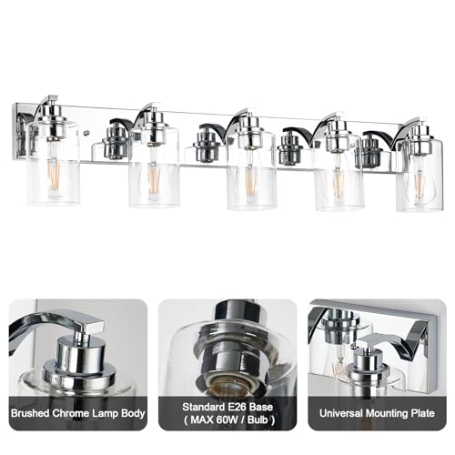 5-Light Bathroom Light Fixtures Modern Chrome Vanity Lights | Easy to Install Clear Glass Shades, Wall Mount Up or Down, E26 Socket, Hardwired, 128V - color: Chrome, size: 5 Lights