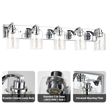 5-Light Bathroom Light Fixtures Modern Chrome Vanity Lights | Easy to Install Clear Glass Shades, Wall Mount Up or Down, E26 Socket, Hardwired, 128V - color: Chrome, size: 5 Lights