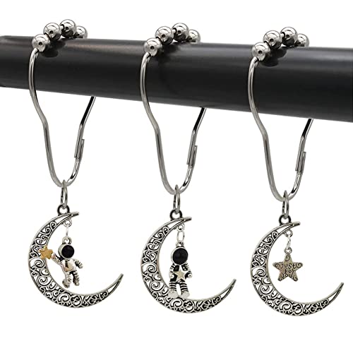 12Pcs Astronaut Shower Curtain Hooks for Bathroom Shower Rod | Rust-Proof Stainless Steel Shower Curtain Rings for Shower Curtain Liners with Fun Pendant, Space Moon Theme Bathroom Decor