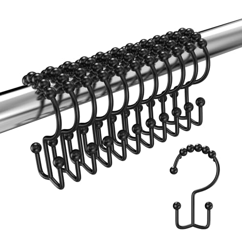 Black Shower Curtain Hooks Double Sided with Roller Balls | for Bathroom Rods, for Shower Curtain and Liner, Smooth Gliding, Rustproof Metal, Set of 12 Hooks - color: Black