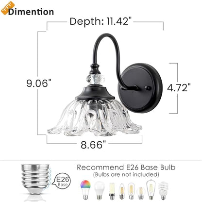 1-Light Black Vintage Wall Sconce, Flower Glass Shade Wall Mounted Light Fixture, E26 Base Farmhouse Vanity Lighting for Bathroom Bedroom Hallway Entryway