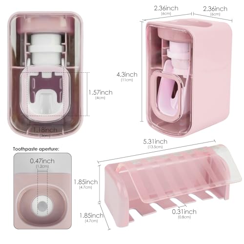 5 Slots Wall Mount Toothbrush Holder with Cover, Self Adhesive Toothbrush Storage Organizer for Shower, Toothbrush Hanger with Automatic Toothpaste Squeezer Dispenser (Pink) - color: Pink Combination