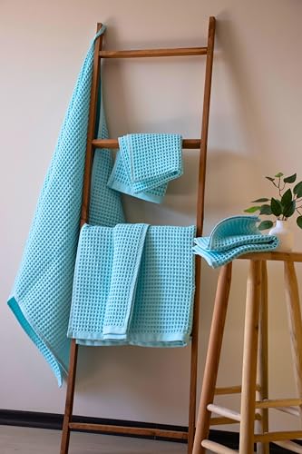 PÜSKÜL - Premium Waffle Towel Set 4 Pieces Turquoise - Organic 100% Turkish Cotton Quick-Dry Towels for Bathroom Made in Turkiye (Turquoise, Towel Set - 2 Hand & 2 Bath Towels) - color: Turquoise, size: Towel Set - 2 Hand & 2 Bath Towels