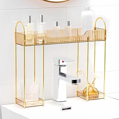 YCIA&DONE Bathroom Countertop Organizer Over The Faucet, Narrow Counter Organizers Above Sink, Table Mounted Faucet Sink Shelf for Kitchen, Toilet, Laundry(Amber Gold) - color: Amber Gold