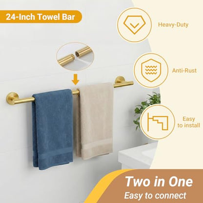 5 Piece Brushed Gold Bathroom Hardware Set, 24 Inch Bathroom Hardware Set Towel Racks for Bathroom, SUS304 Stainless Steel Wall Mounted Bath Towel Bar Set - color: E-24 Brushed Gold