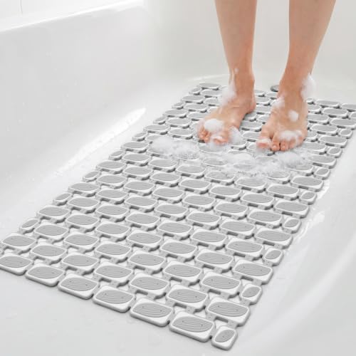 Non Slip Bathtub Mat with Suction Cups Quick Dry Shower Mat 27x16 | Light Grey Machine Washable Shower Floor Mat for Elderly & Kids, Quick Dry Drain Holes Bathroom Shower Tub Stall - color: Light Grey