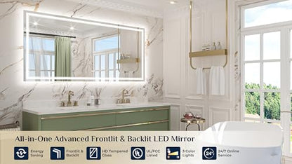Keonjinn 72" x 36" Large Bathroom Mirror with Lights, Frontlit & Backlit | Safe HD Tempered Glass, 3000K/4500K/6000K, Dimmable, Auto-OFF Defogging, Memory Function, Smart Lighted Bathroom LED Mirror - size: 36"L x 72"W