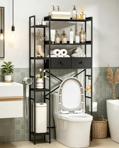 Over The Toilet Storage with 2 Drawers - 7 Tier Bathroom Organizer with Adjustable Shelf, Freestanding Space Saver Storage Rack Above Toilet Stand with Hooks for Small Restroom, Laundry(Black) - size: 7 Tier-Black