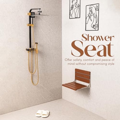 Foldable Wall Mounted Shower Seat with Stainless Steel Frame – Solid Teak Wood Shower Chair for Elderly and Disabled – Smooth Edges & Sturdy Structure – 400 Lbs Load Capacity