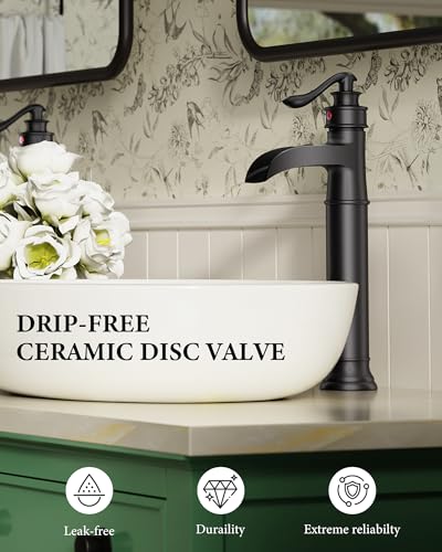 Matte Black Vessel Sink Faucets Waterfall Bathroom Faucet Single Handle | 1 Hole Brass for Lavatory Farmhouse with Pop Up Drain Mixer Tap Without Overflow Supply Line by Homevacious - color: Matte Black