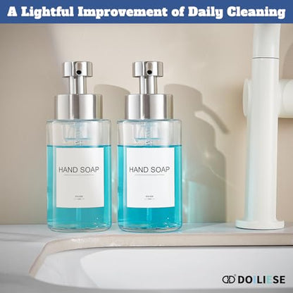 Glass Foaming Hand Soap Dispenser 10 oz Easy Refill 2 Sets | Stainless Steel Pump and Waterproof Labels, Glass Soap Dispenser, Clear Foam Soap Bottle for Bathroom Countertop - color: Brushed Nickel Foam 2pc