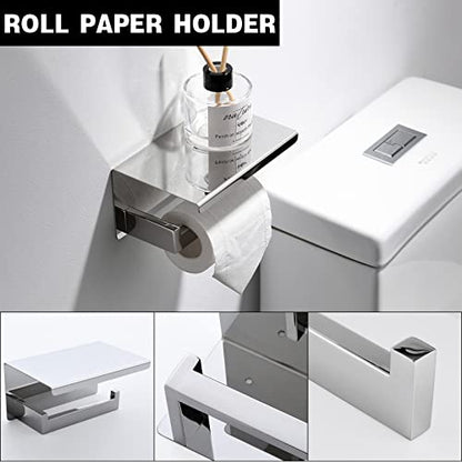 Bathroom Towel Bar Set Toilet Paper Holder with Shelf, Polished Chrome Bathroom Accessories Set, 23.6 Inch Towel Bar Towel Ring Towel Hook 5-Piece Bathroom Hardware Set - color: Polished Chrome