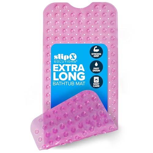 SlipX Solutions 39x16 Extra Long Non Slip Bath Mat, Tub & Shower, Pink | Anti Slip Mat for Elderly & Kids Bathroom, 30% More Coverage, 200 Suction Cups, Hundreds of Drain Holes - color: Translucent Pink