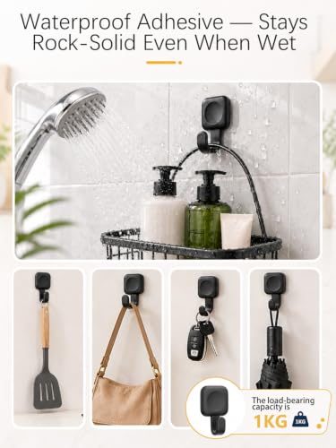 4PCS Adhesive Hooks, Folding Shower Hook, Waterproof Towel for Bathrooms Walls No Damage, Black Stick On for Hanging Home Storage Kitchen