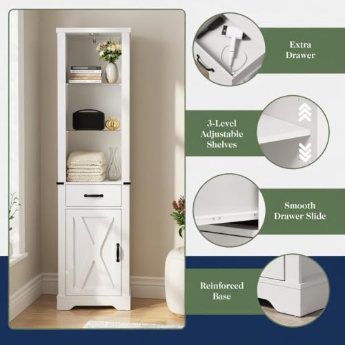 Pantry Cabinet, Storage Cabinet, White Bathroom Cabinet with LED Lights, 75 Inch Tall Linen Tower with Barn Door, Drawer and Adjustable Shelves