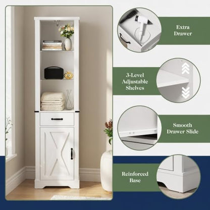 Pantry Cabinet, Storage Cabinet, White Bathroom Cabinet with LED Lights, 75 Inch Tall Linen Tower with Barn Door, Drawer and Adjustable Shelves