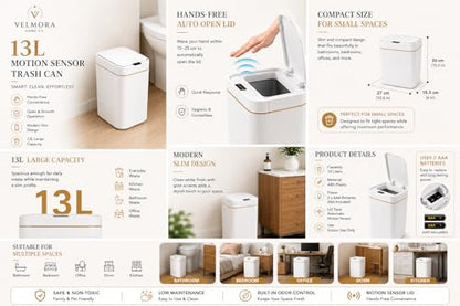 VELMORA Home CO. 13L Motion Sensor Trash Can – Touchless Automatic Lid Garbage Bin for Bathroom, Bedroom & Office – Slim Modern Wastebasket with Lid, White