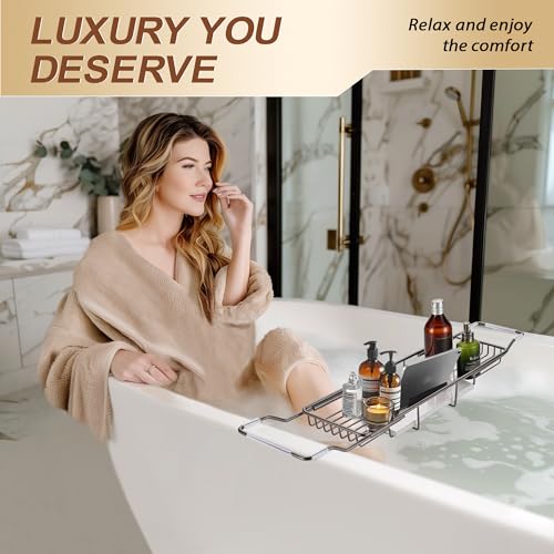 Bathtub Tray Stainless Steel with Marble Base Gun Gray Bathtub Tray with White Marble Base Adjustable & Rustproof Bath Caddy for Spa, Relaxation, Bath Bombs - color: Gun Gray