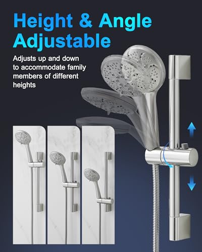 Fapully Wall Mounted 10-inch Shower System, Shower Faucets Sets Complete Round Shower Heads and Faucet Set with 6-Spray Handheld and Slide Bar Combo Included Valve and Trim Kit, Brushed Nickel