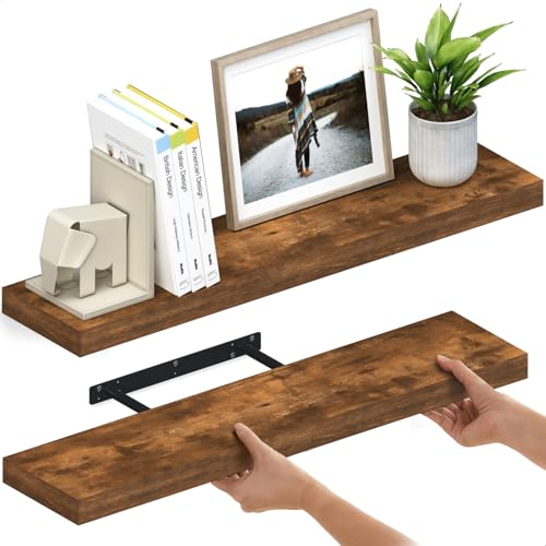 Ballucci Floating Shelves for Wall, 36" Wood Wall Shelf Set of 2, with Invisible Brackets for Bathroom, Living Room, Bedroom, Kitchen, Nursery, 8" Deep, Rustic Brown - color: Rustic Brown, size: 35.4 inches