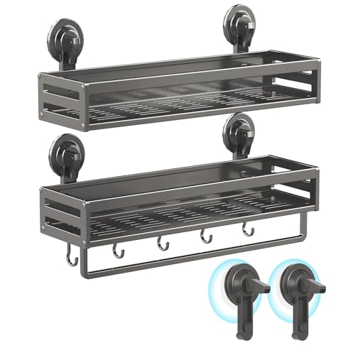 Suction Cup Shower Caddy with 5 Hooks & Towel Rrack 15.7inch Grey | No Drilling Shower Organizer with Large Capacity, Rust-resistant Bathroom Organizer, With 2 Backup Suction Cups (2-Pack) - size: 15.7 inches(2pack Dark Grey)
