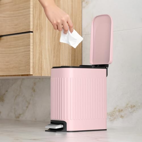 TrashAid Pink Bathroom Trash Can, 1.6 Gallon Stainless Steel Small Garbage Can with Lid, Step Pedal, Cute Wastebasket for Bathroom, Office, Bedroom, RV, Pink - color: Pink