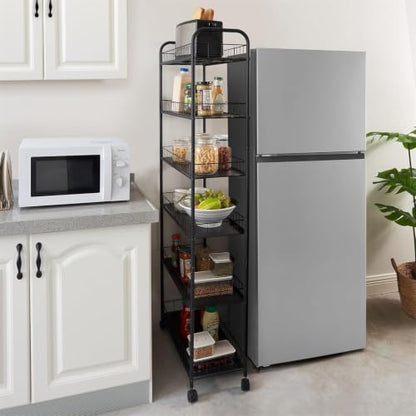 6-Tier Slim Rolling Storage Cart with Wheels, Narrow Metal Organizer Shelf Unit for Kitchen, Bathroom, Laundry Room, Office, Garage, Mobile Utility Storage Rack, Black, 10" Wide - size: 10" Wide