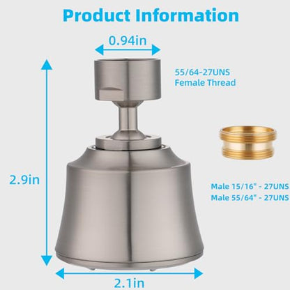 Faucet Aerator 4 Modes, 360° Swivel Faucet Sprayer Head, Brushed Nickel | 55/64" Sink Faucet Head for Bathroom & Kitchen faucets, 2 Large-Angle Rotating Metal Joints, Extra 15/16" Male Adapter - color: Brushed Nickel, style: 2 Swivel Joints