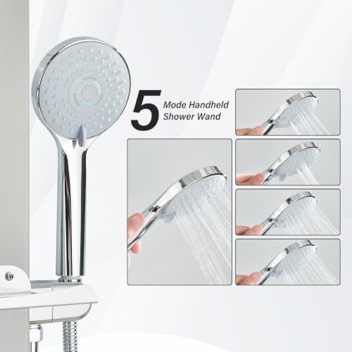 Brushed Surface Shower Panel Contemporary Wall Mount Shower Tower with Adjustable Rainfall Shower Head Large Body Jets Stainless Steel Shower System with Shelf