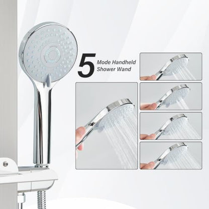 Brushed Surface Shower Panel Contemporary Wall Mount Shower Tower with Adjustable Rainfall Shower Head Large Body Jets Stainless Steel Shower System with Shelf