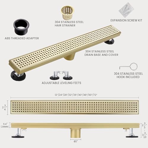 Linear Shower Drain, 12 inch Brushed Gold | Including Hair Catcher and Removable Grate, 304 Stainless Steel, Easy to Install and Clean (Drain Base Not Included) - color: Brushed Gold, size: 12 Inch