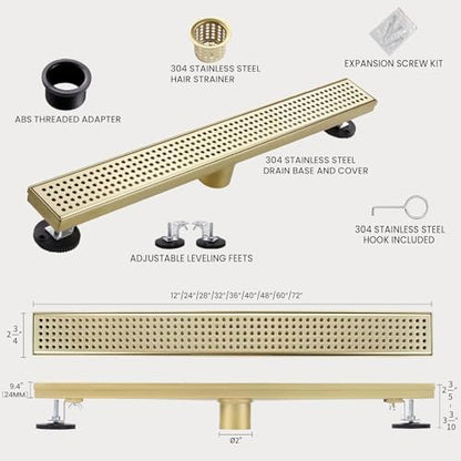 Linear Shower Drain, 12 inch Brushed Gold | Including Hair Catcher and Removable Grate, 304 Stainless Steel, Easy to Install and Clean (Drain Base Not Included) - color: Brushed Gold, size: 12 Inch