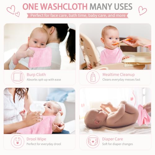 Baby Washcloths 10 Pack Rayon from Bamboo Ultra Soft Absorbent Terry Wash Cloth 10" x 10" Bath Towels for Face Burp Wipes Reusable Lightweight Newborn Essentials Shower Gift Set - color: Pink