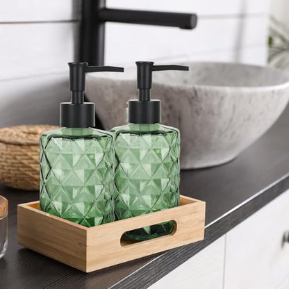 Clear Green Glass Soap Dispenser with Pump, 12oz Diamond Design Hand Soap Dispenser, Refillable Lotion Dispenser & Dish for Dishwashing Liquid, Shower Gel - color: Diamond Green