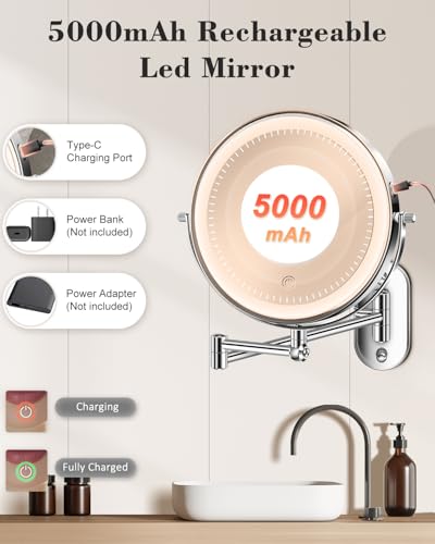 20X 9" Wall Mounted Magnifying Makeup Mirror with Light Height Adjustable | 5000mAh Double Sided Rechargeable LED Lighted Vanity Mirror with Magnification 3 Color Light up Extended Arm 360 Rotation - color: 9inches-chrome