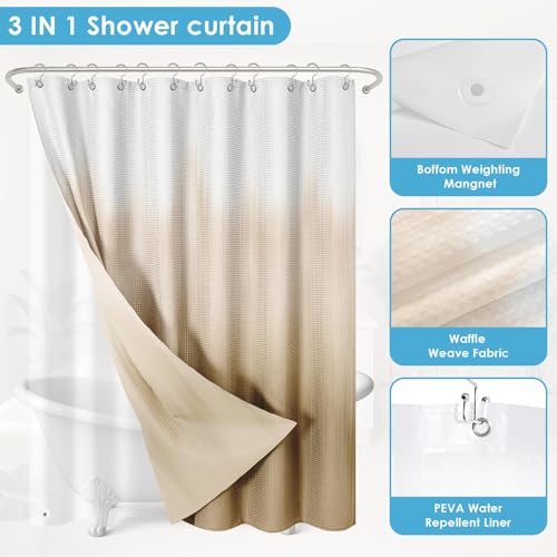 3 in 1 Shower Curtain and Liner,72 x 72 inch, Abstract Tan | Boho Modern Shower Curtain and PEVA Liner Set with 12 Rust-Resistant Metal Hooks, Waterproof Fabric Curtains for Bathroom - color: Abstract Tan