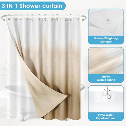 3 in 1 Shower Curtain and Liner,72 x 72 inch, Abstract Tan | Boho Modern Shower Curtain and PEVA Liner Set with 12 Rust-Resistant Metal Hooks, Waterproof Fabric Curtains for Bathroom - color: Abstract Tan
