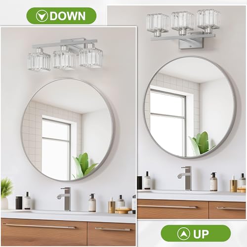 comzler 3-Light Bathroom Light Fixtures Over Mirror, Brushed Nickel Crystal Wall Sconce with E26 Base for Mirror Kitchen Living Room Bathroom, Square Crystal Shades (Bulbs Excluded) - size: Square