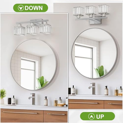 comzler 3-Light Bathroom Light Fixtures Over Mirror, Brushed Nickel Crystal Wall Sconce with E26 Base for Mirror Kitchen Living Room Bathroom, Square Crystal Shades (Bulbs Excluded) - size: Square