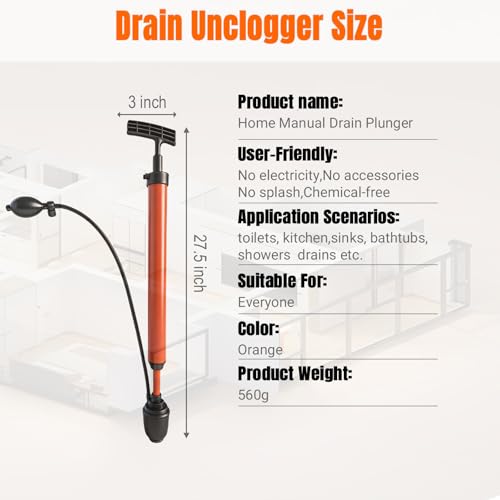 Manual Drain Unclogger, High Pressure Toilet Plunger: No-Splash, No Electricity, No Accessories, Pipe-Safe, Easy to Use, Reusable & Easy to Clean for Toilet, Sink, Bathtub, All Household Pipes - color: Orange