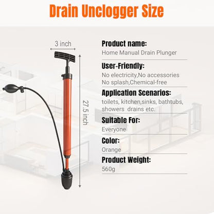 Manual Drain Unclogger, High Pressure Toilet Plunger: No-Splash, No Electricity, No Accessories, Pipe-Safe, Easy to Use, Reusable & Easy to Clean for Toilet, Sink, Bathtub, All Household Pipes - color: Orange