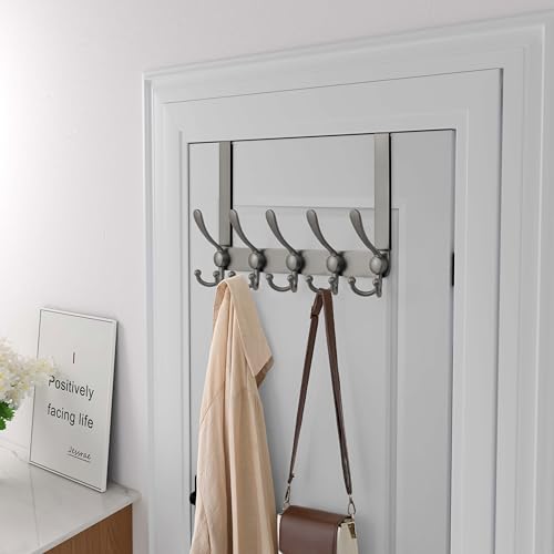 Over Door Hook 2.0 - Upgraded Version - Simple-Assembly, Strong, Heavy-Duty Stainless Steel 5-Tri-Hook Over The Door Hanger Rack, SimpleStrong Series, Grey, Pack of 2 - color: Gray