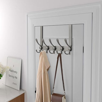 Over Door Hook 2.0 - Upgraded Version - Simple-Assembly, Strong, Heavy-Duty Stainless Steel 5-Tri-Hook Over The Door Hanger Rack, SimpleStrong Series, Grey, Pack of 2 - color: Gray
