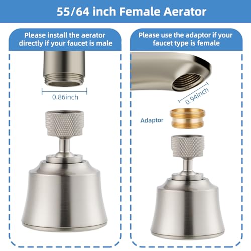 4 Modes Kitchen Sink Faucet Head Aerator, Big Angle Swivel, Brushed Nickel | Faucet Sprayer Attachment with 2 Ball Joint, 55/64-27UNS Famale Thread, Male Thread Adapter Included - color: Brushed Nickel, style: with 2 joint balls