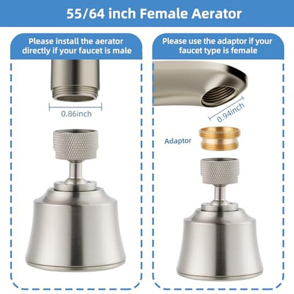 4 Modes Kitchen Sink Faucet Head Aerator, Big Angle Swivel, Brushed Nickel | Faucet Sprayer Attachment with 2 Ball Joint, 55/64-27UNS Famale Thread, Male Thread Adapter Included - color: Brushed Nickel, style: with 2 joint balls