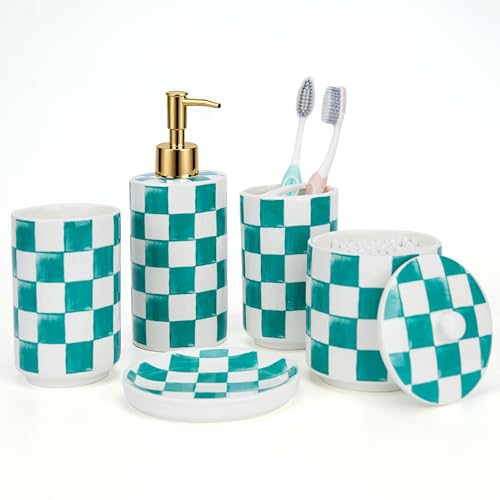 Ceramic Bathroom Soap Dispenser Set, Checkered Bathroom Vanity Set with Lotion Pump, Toothbrush Holder, Soap Dish & Storage Jar, Modern Bathroom Sink Accessories (Green) - style: Green